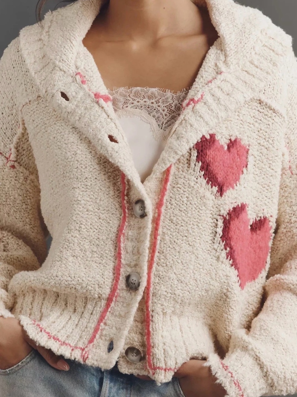 Anthropologie Cream Cardigan with Pink Candy Heart Accents